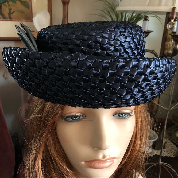 Vintage Blue Raffia Straw Hat w Feathers main image 9